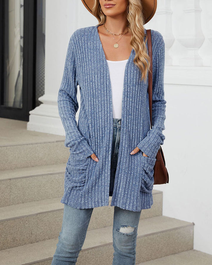 Drune | Lässiger Einfarbiger Cardigan mit Langen Ärmeln und Tasche
