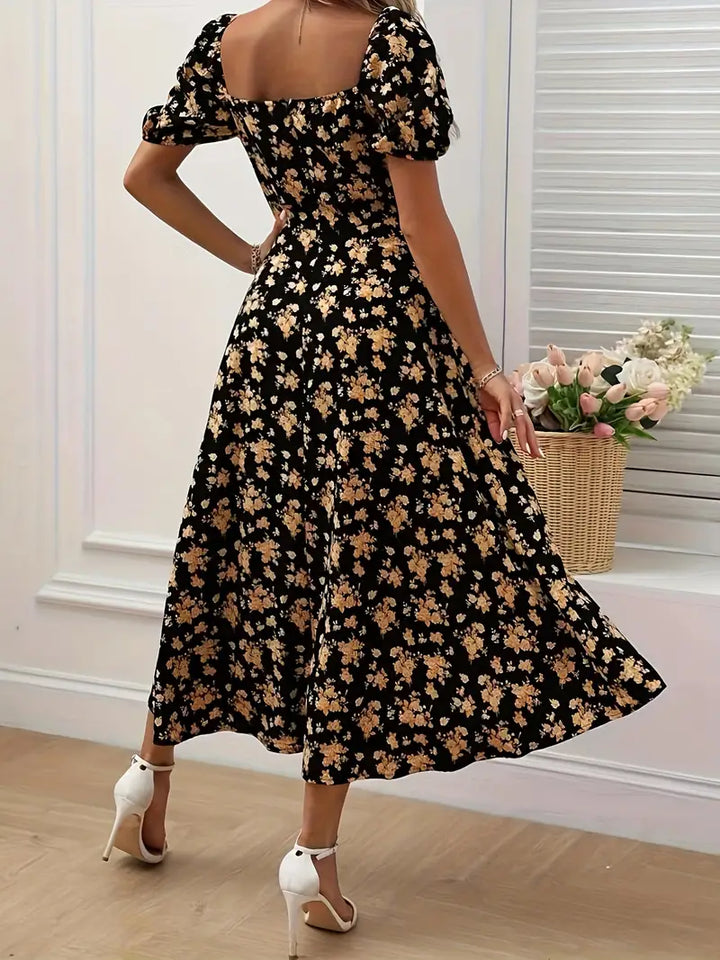 Drune | Schickes Kleid mit Puffärmeln Im A-Linien-Stil mit Blumendruck