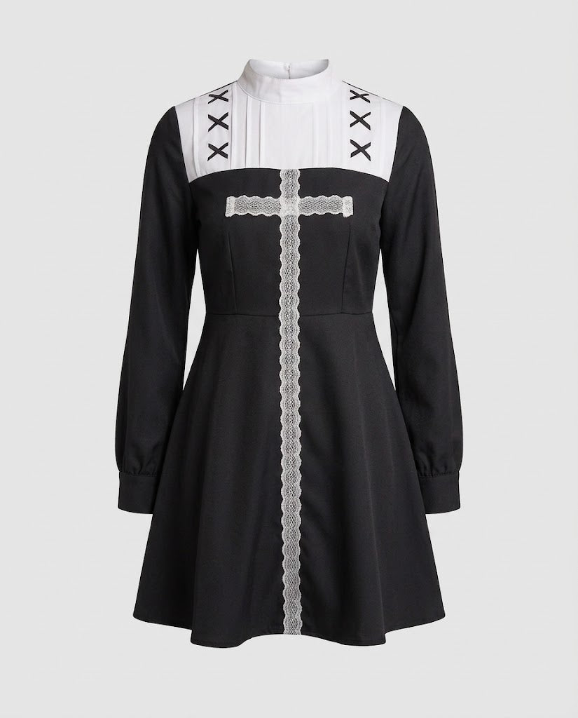 Damen Nonnenkleid mit eleganter Spitzenverzierung und Schleier Drune