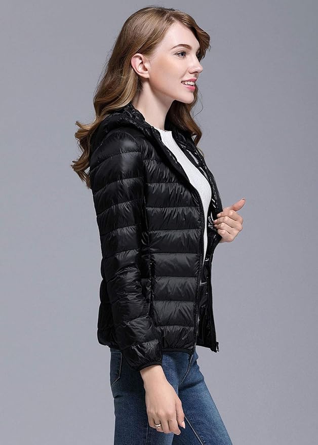 Drune | Winterdaunenjacke mit Kapuze für Damen Weiß und Schwarz - faltbare Daunenjacke