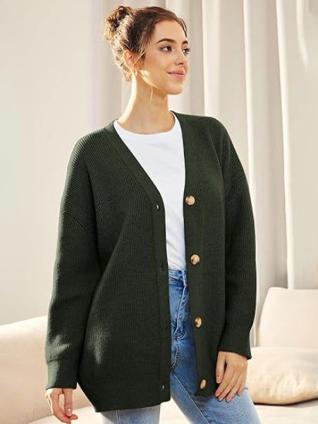 Drune | Cardigan - Damen Herbst Oversized V-Ausschnitt Knopf Cardigan