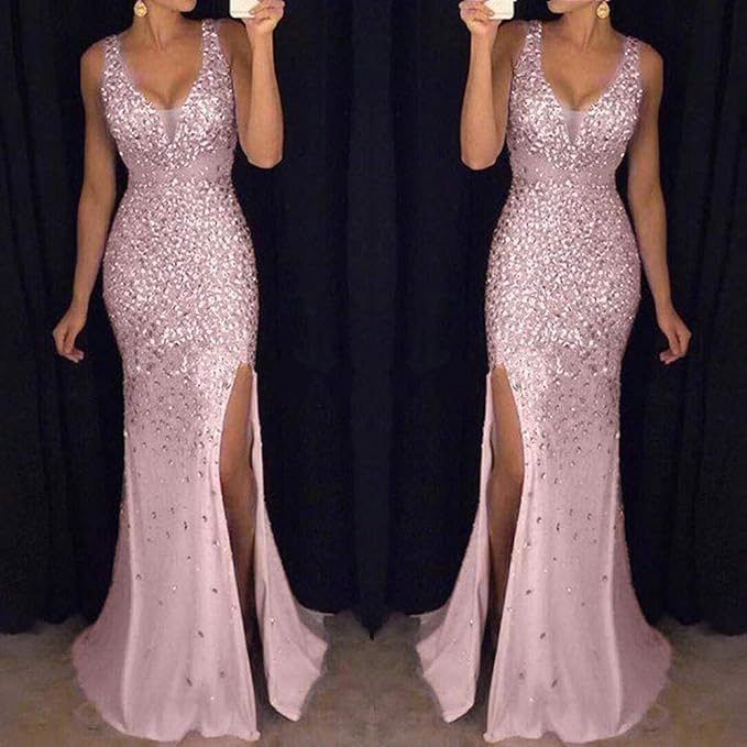 Drune | Sling V-Ausschnitt Split Glitzerndes Abendkleid