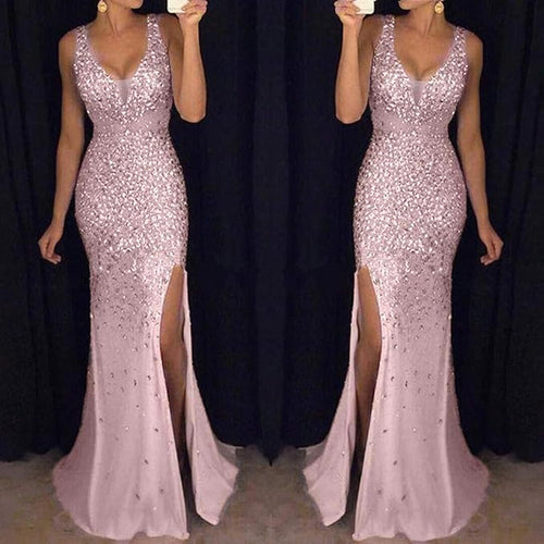 Drune | Sling V-Ausschnitt Split Glitzerndes Abendkleid