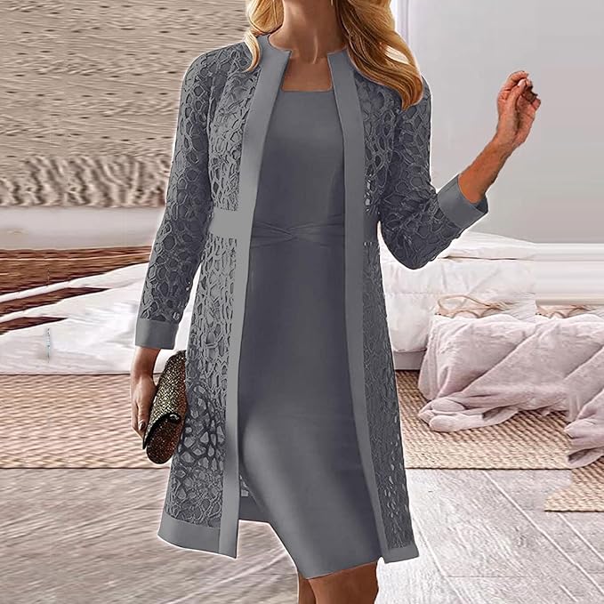 Drune Damen 2-teiliges Kleid-Set mit Spitzen-Cardigan