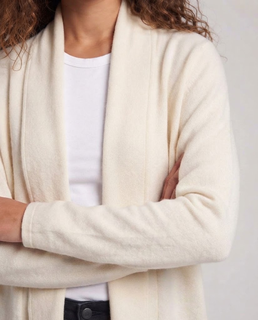 Damen Kragenloser taillierter Strickmantel mit Bindegürtel Drune