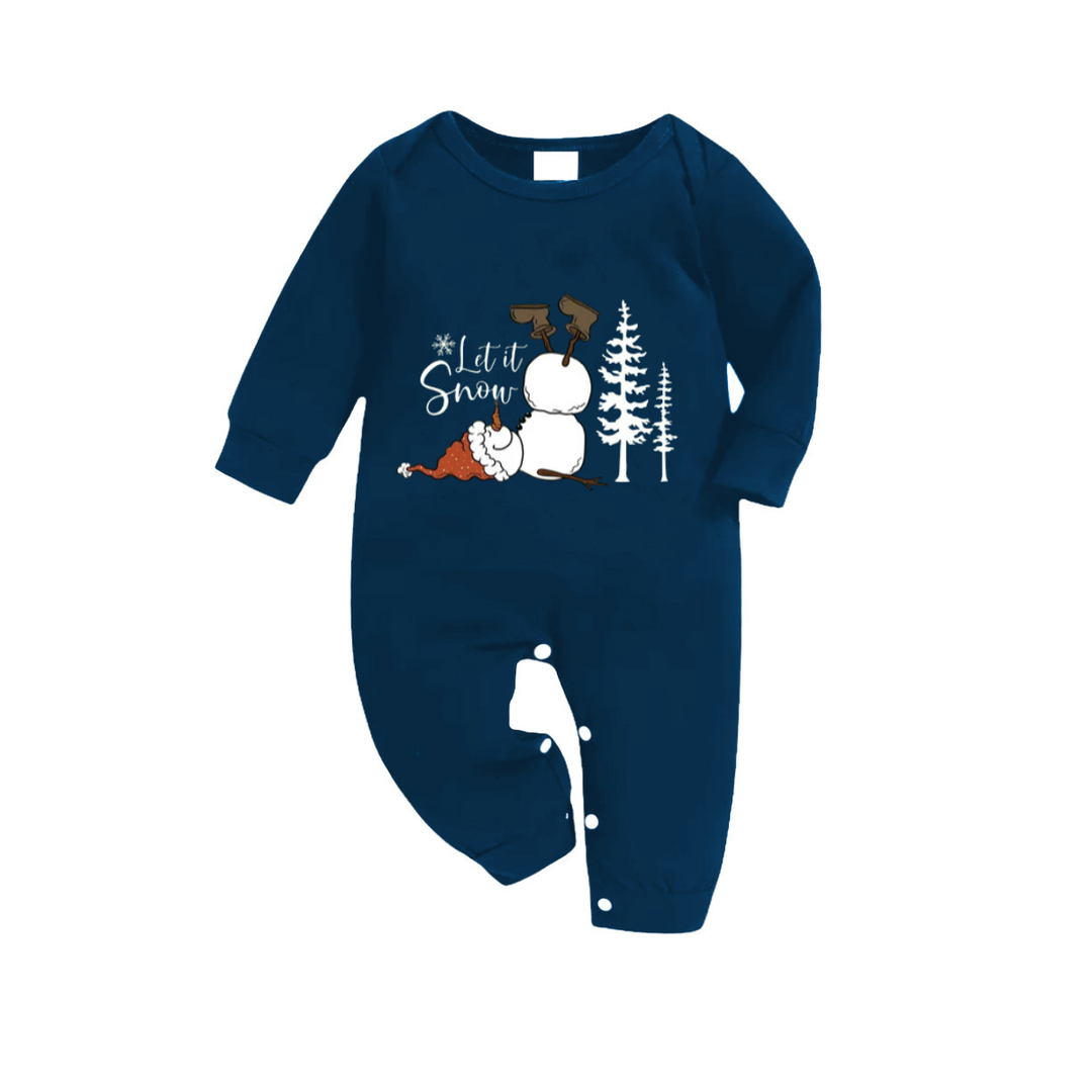 Drune | "Lass es schneien" Slogan und Schneemann bedruckte blaue Karierte Weihnachts-Pyjamas im Partnerlook