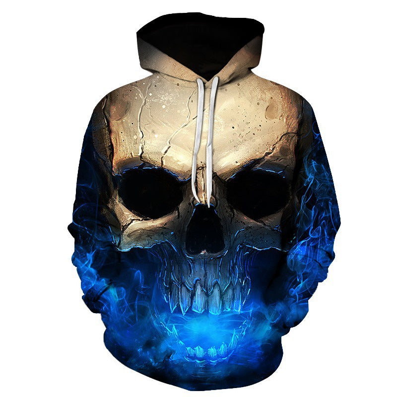 Unisex Kapuzenpullover mit 3D-Schädel-Print & blauem Flammen-Motiv Drune