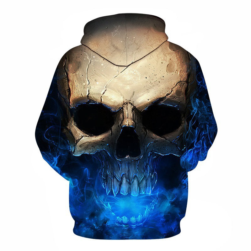 Unisex Kapuzenpullover mit 3D-Schädel-Print & blauem Flammen-Motiv Drune