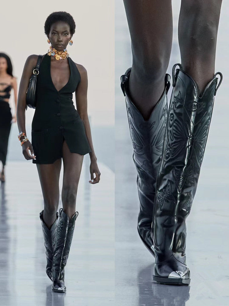 Drune | Frauen Hochhackige Metall Spitz Zehen Schleife Bestickte Stiefel