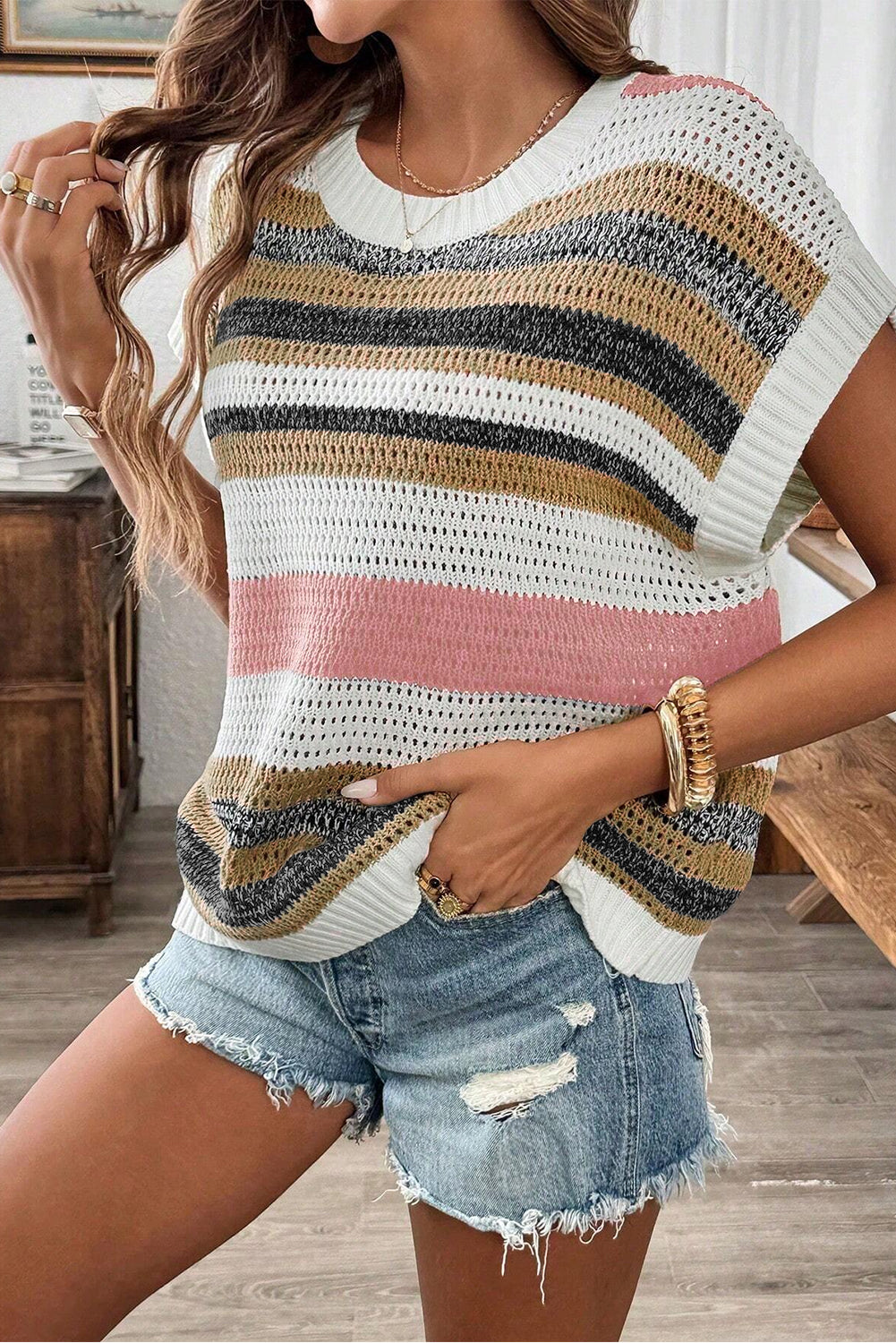 Drune | Stricktop mit Farbblock und Lochmuster für Frauen