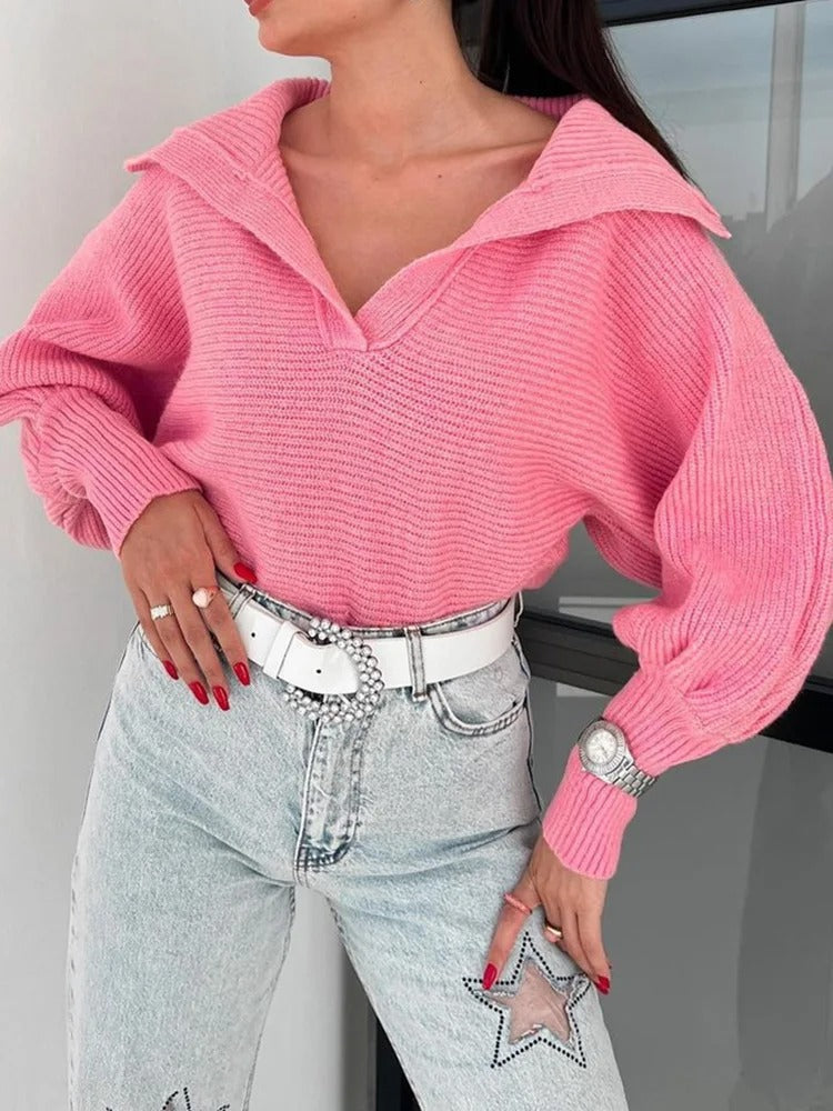 Drune | Cozy knitted sweater with lantern sleeves and open collar