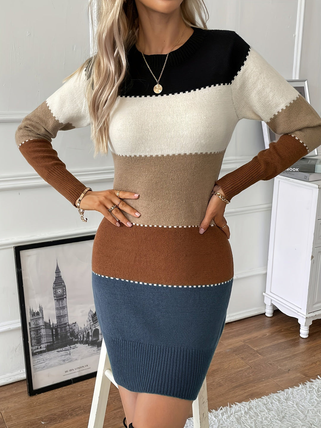 Drune | Schicke Herbst Farbblock Langarmkleid für Frauen