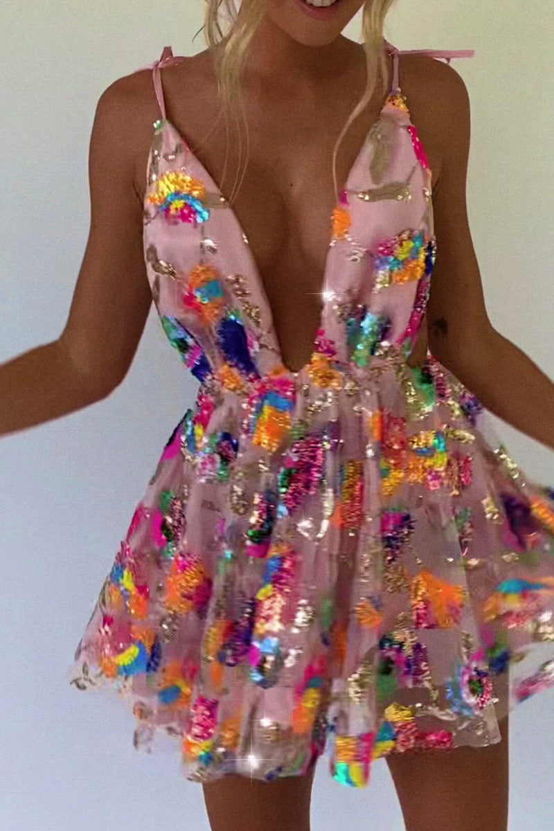 Drune | Regenbogen Pailletten Offene Rücken Slip Mini Kleid