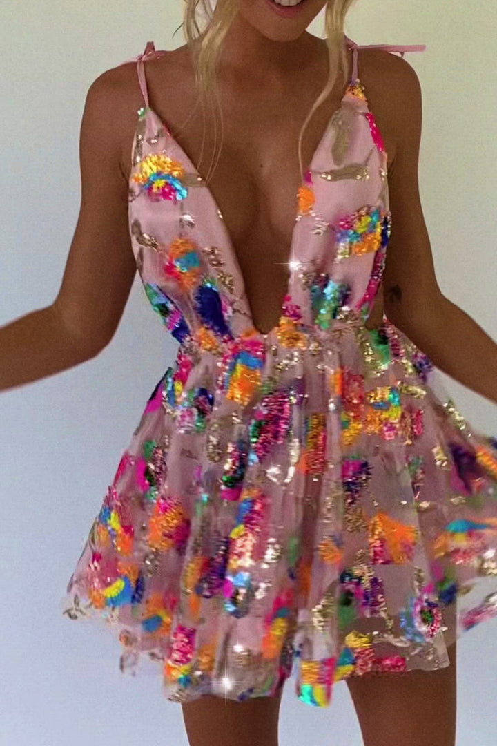 Drune | Regenbogen Pailletten Offene Rücken Slip Mini Kleid