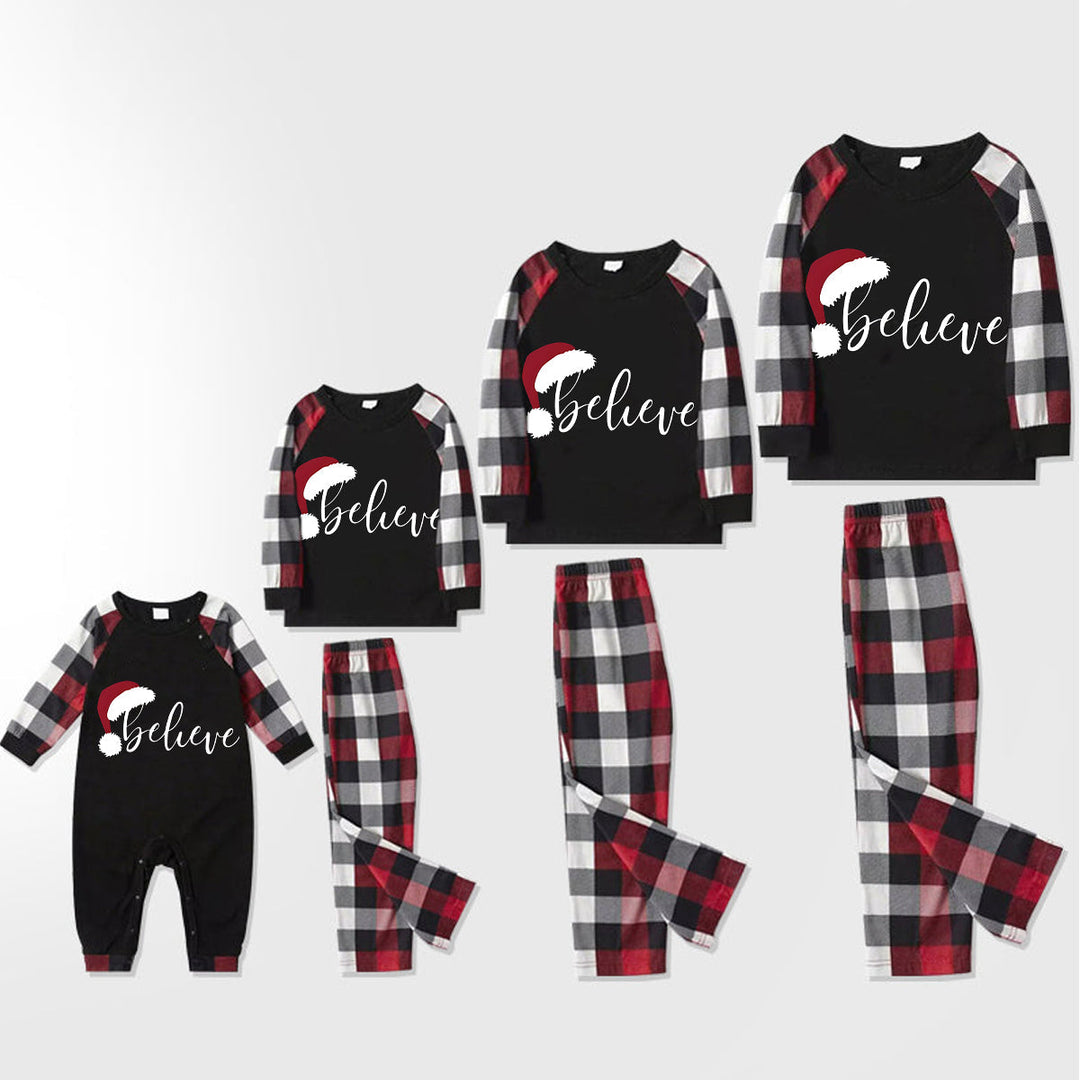 Drune | Weihnachtsmann-Print-Muster Freizeit Langarm-Sweatshirts Kontrast-Oberteile und rot & schwarz & weiß kariert Hose Familie passende Pyjama-Set mit Haustier-Bandana