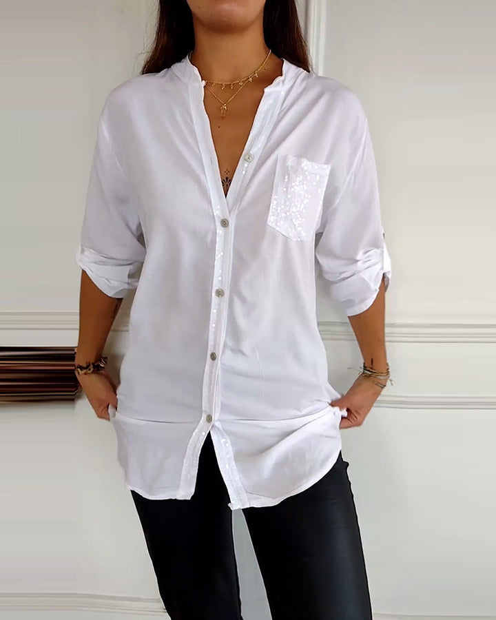 Drune - Schicke Bluse mit Knopfleiste und Paillettenbesatz für Damen | Elegante Langarmbluse mit Paillettentasche