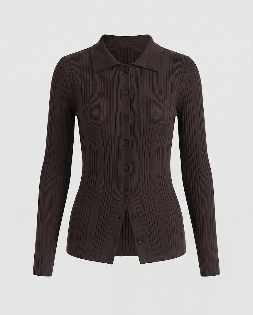 Damen Gerippter Feinstrick-Cardigan mit Hemdkragen und durchgehender Knopfleiste Drune