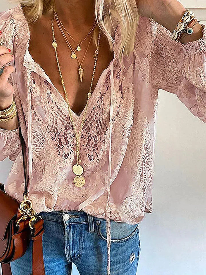 Drune | V-Ausschnitt Spitzen Chiffon Bluse