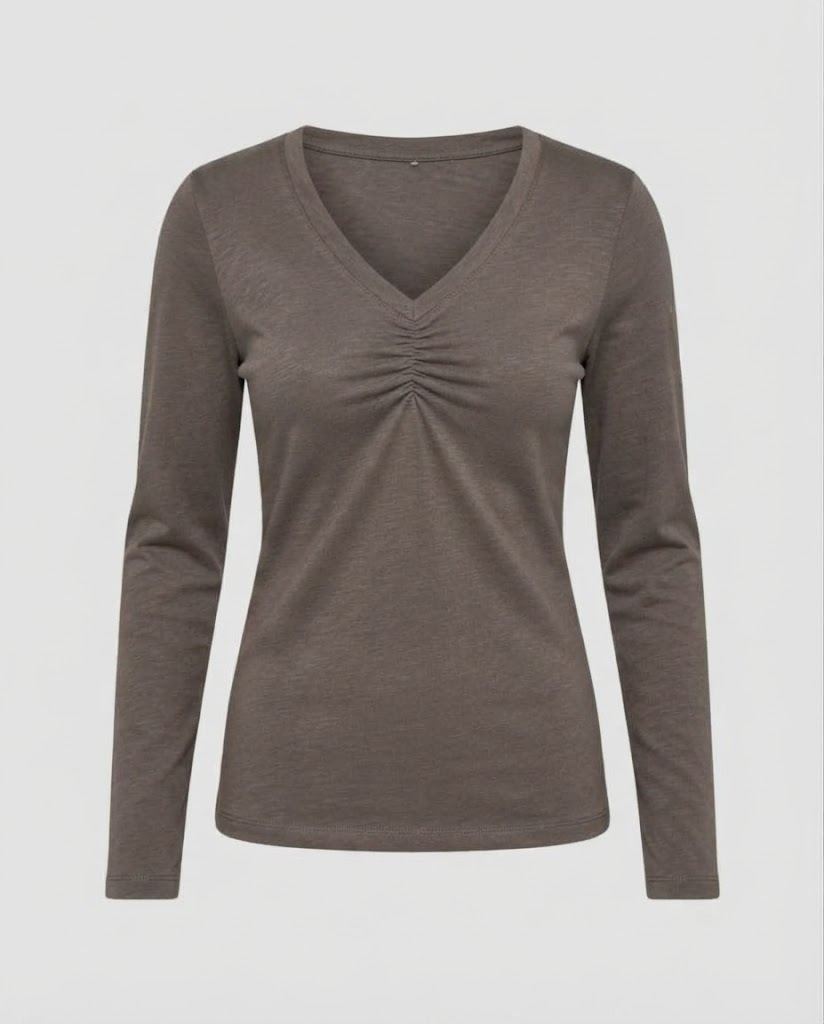 Damen Langärmeliges V-Ausschnitt-Shirt mit Raffung und feiner Jersey-Qualität Drune