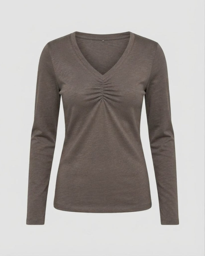Damen Langärmeliges V-Ausschnitt-Shirt mit Raffung und feiner Jersey-Qualität Drune
