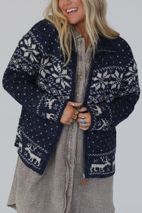 Drune | Weihnachts-Schneeflocken-Elch-Reißverschluss Langarmpullover