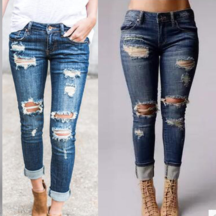 Damen Slim-Fit Jeans im Used-Look mit Rissen Drune