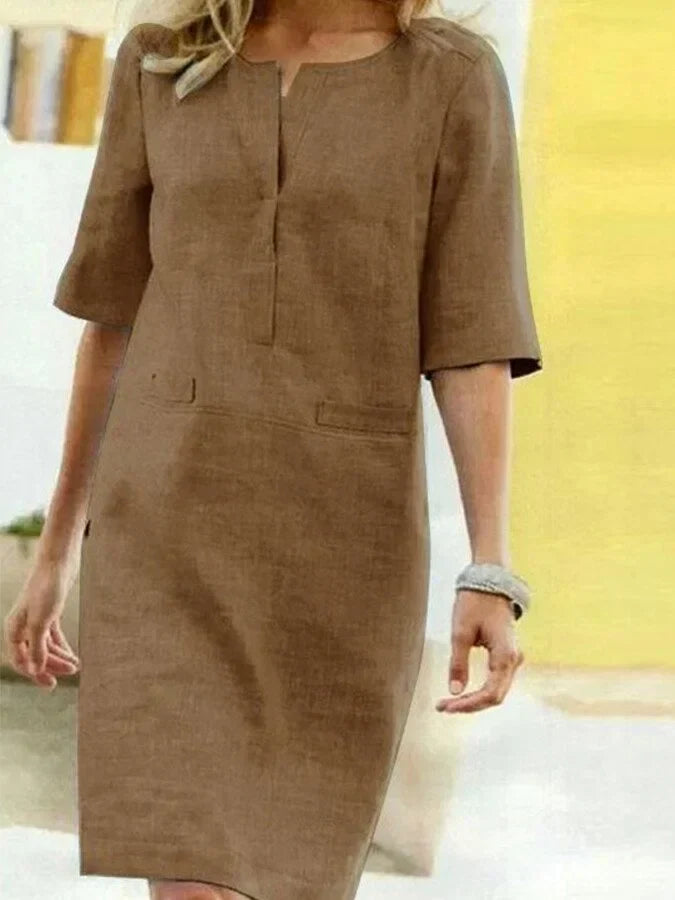 Drune | Damen Kurzarm Baumwolle und Leinen Kleid