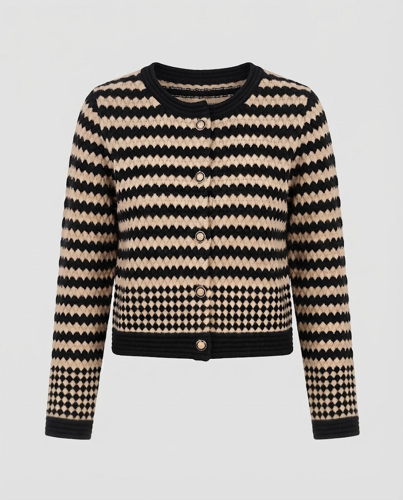 Damen Kurzer Jacquard-Cardigan im grafischen Hahnentritt- und Rautenmuster mit Perlmuttknopfleiste Drune