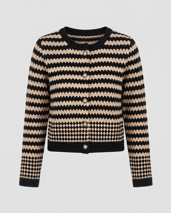 Damen Kurzer Jacquard-Cardigan im grafischen Hahnentritt- und Rautenmuster mit Perlmuttknopfleiste Drune