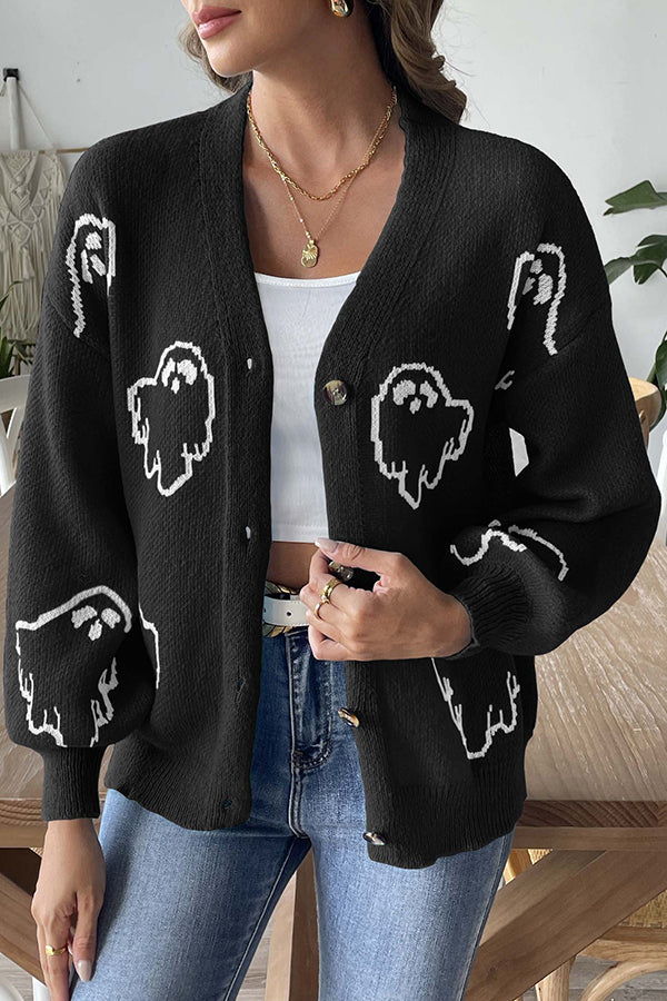 Drune | Halloween Geister Strickpullover mit Knopfverschluss