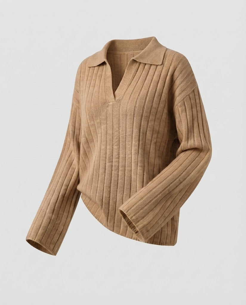 Damen Grobgerippter Wollmix-Pullover mit Polokragen und weiten Ärmeln Drune