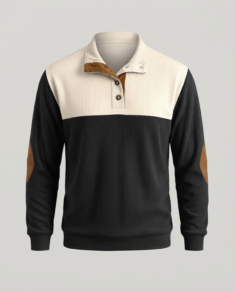 Herren Rippstrick-Henley-Pullover mit Kontrast-Schulterpartie und Ellbogen-Patches Drune