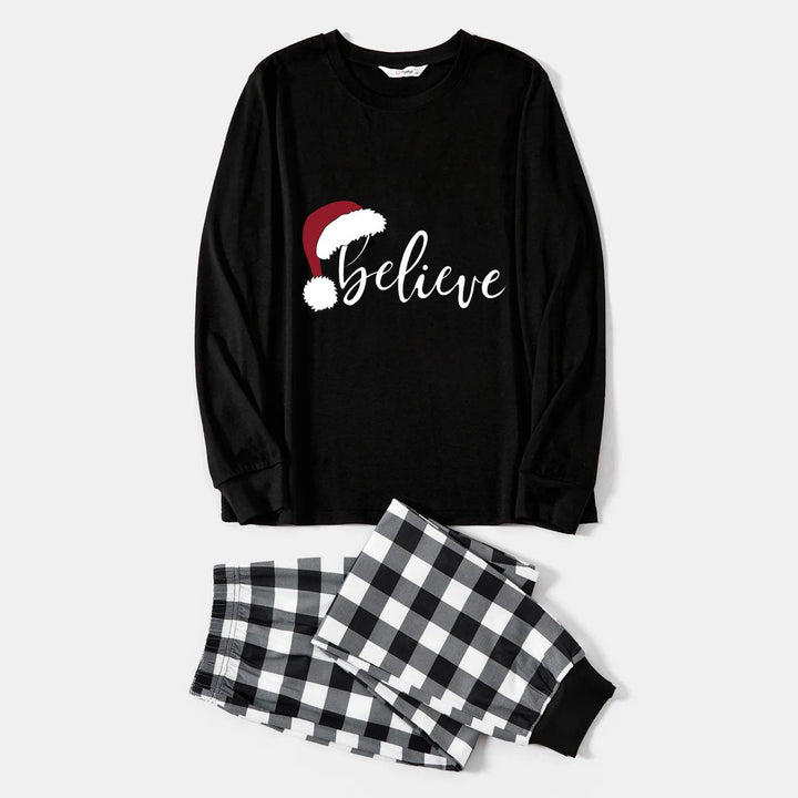 Drune | Weihnachtsmütze und 'Believe' Buchstabenprint gemustertes Schwarz-Weiß kariertes Schlafanzug-Set