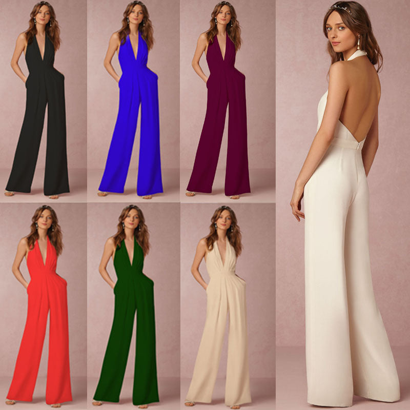 Damen schulterfreier Jumpsuit mit elegantem Rückenausschnitt und weitem Bein Drune