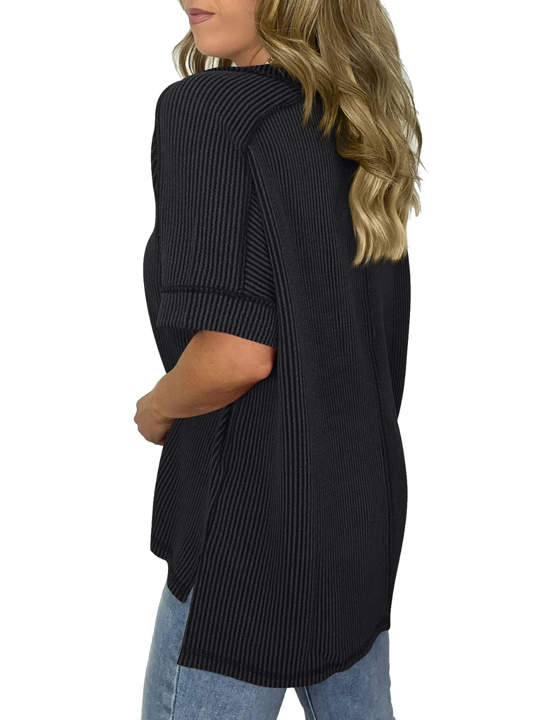 Drune | Cord-Ripp V-Ausschnitt Kurzarm T-Shirt