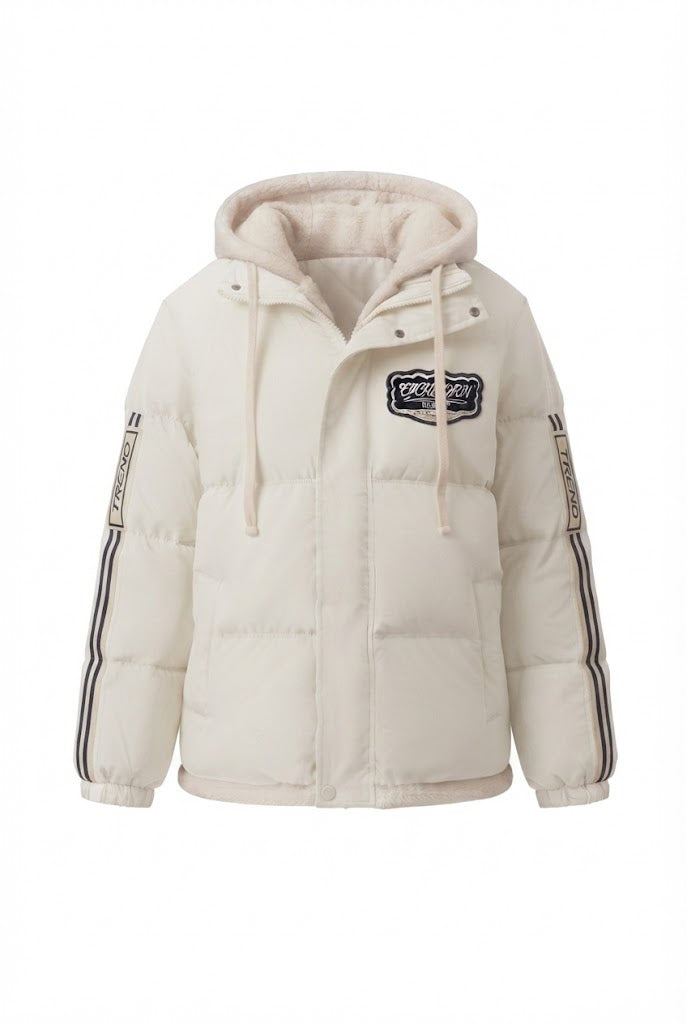 Damen trendige gesteppte Kapuzenjacke mit hochwertiger Teddy-Innenkonstruktion und sportlichen gestreiften Ärmeln