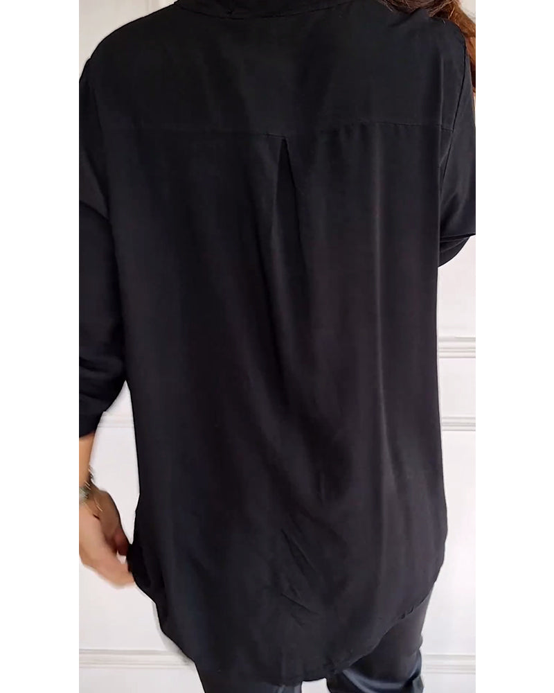 Drune - Schicke Bluse mit Knopfleiste und Paillettenbesatz für Damen | Elegante Langarmbluse mit Paillettentasche