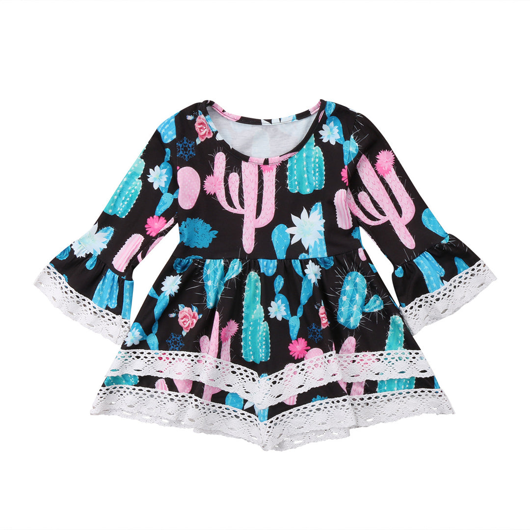Damen Sommerliches Kleid mit kreativem Kaktus-Design und Spitzenakzenten Drune