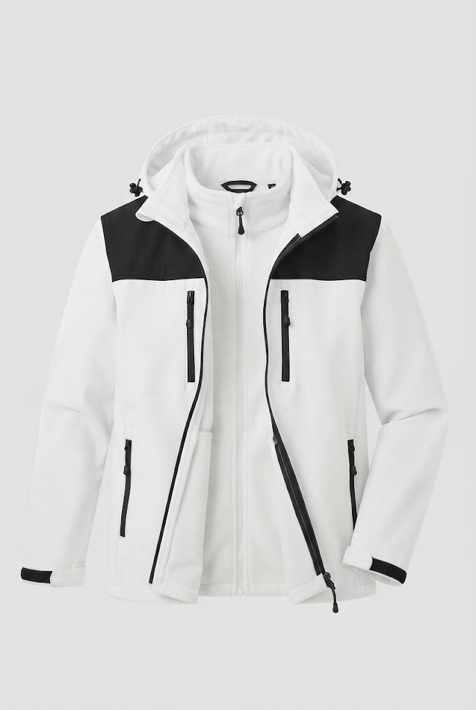 Herren zwei-lagige Softshell Outdoor-Jacke mit herausnehmbarer Fleece-Innenjacke und Kapuze Drune
