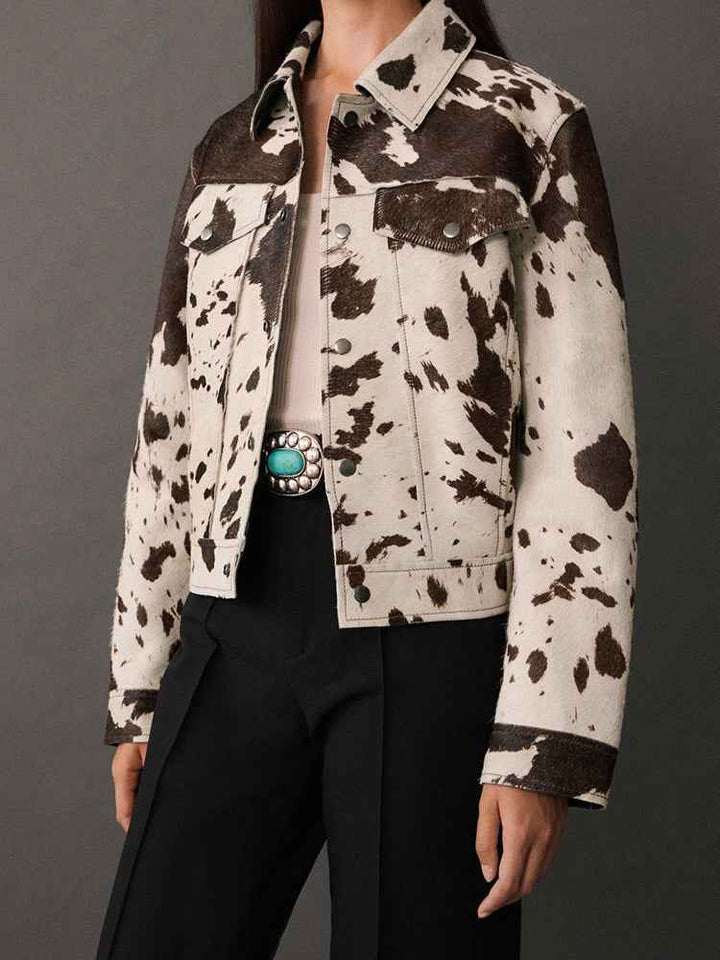 Drune | Jacket with cow print, lapel collar and stylish snap buttons