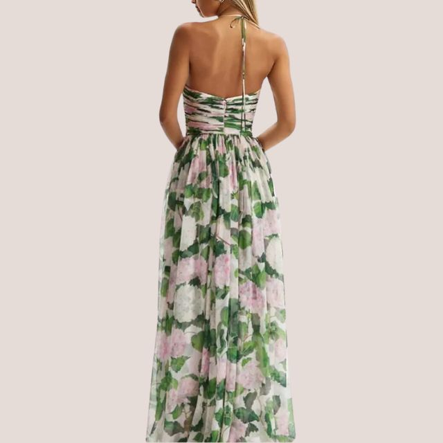 Drune | Trägerloses Maxikleid mit Blumenmuster und gerafftem Oberteil