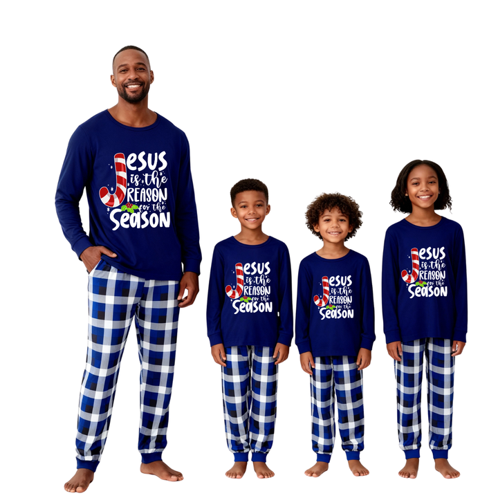 Drune | Weihnachten Jesus Weiße Buchstaben Druck Kontrast Blau Langarm-Shirt mit Blau und Weißen Karotten Hosen Familie Übereinstimmende Pyjamas