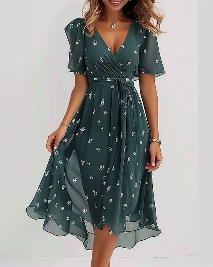 Drune | Elegantes Bedrucktes Kleid mit V-Ausschnitt und Krawatte