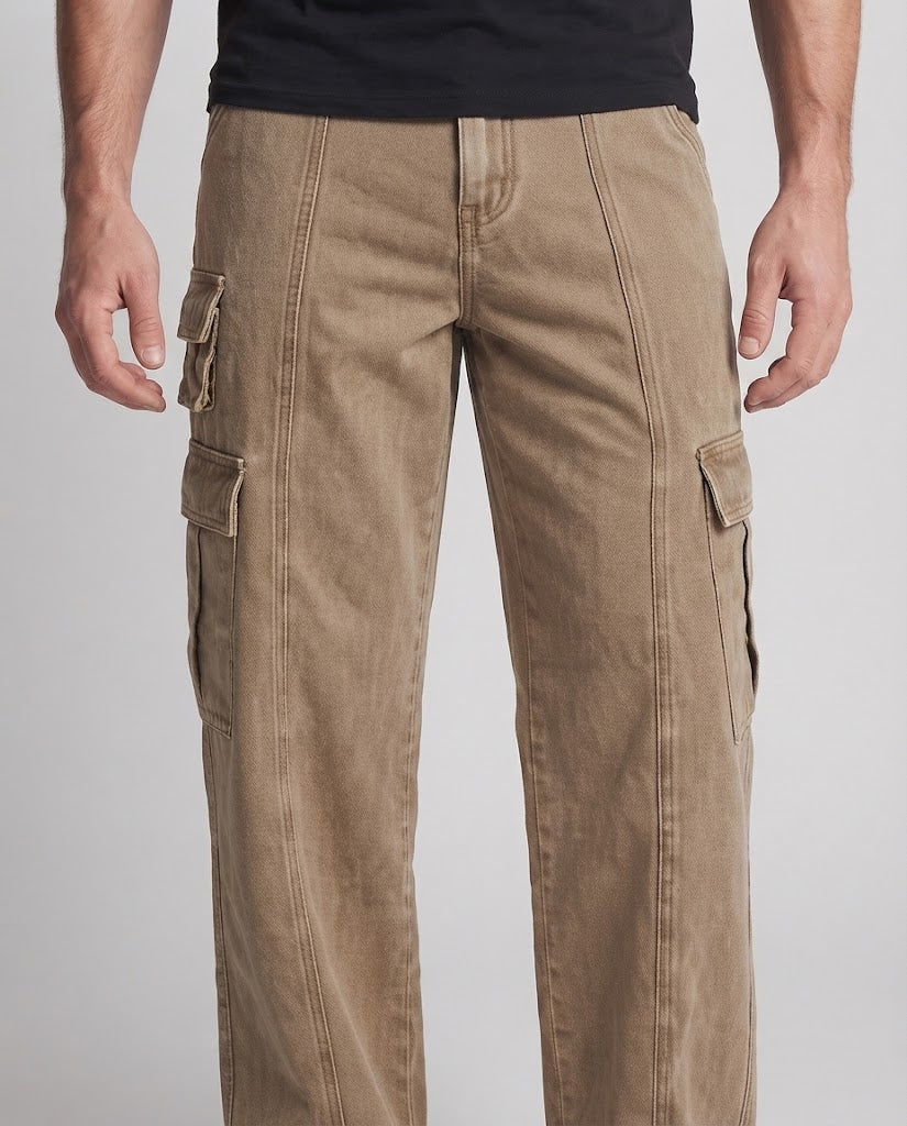 Herren Weite Utility-Cargo-Palazzo-Hose mit Mehrfach-Taschen und sichtbaren Steppnähten Drune