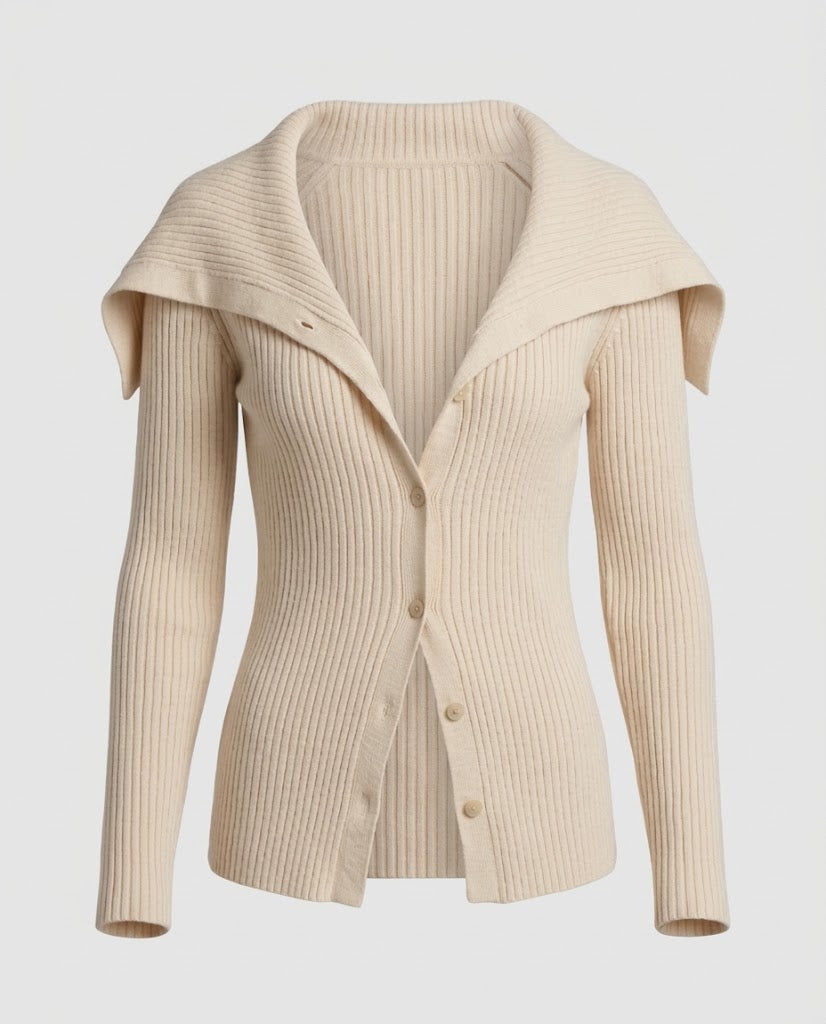 Damen Gerippter Strickcardigan mit umlegbarem Schulterkragen und Knopfleiste Drune