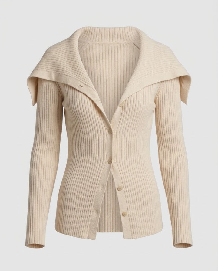 Damen Gerippter Strickcardigan mit umlegbarem Schulterkragen und Knopfleiste Drune