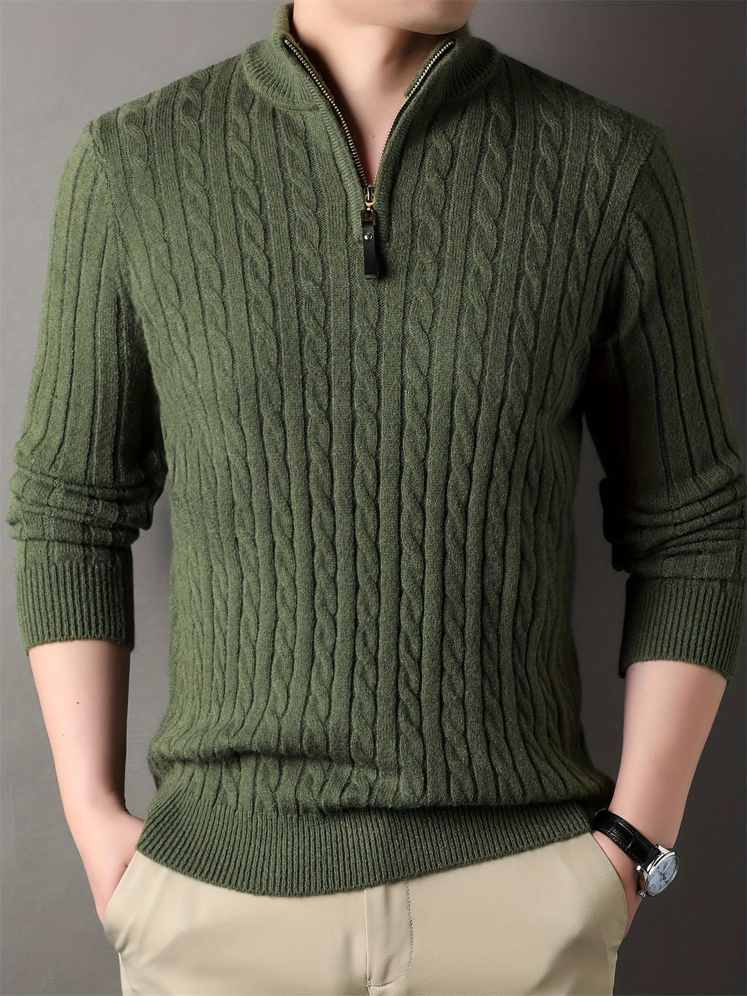 Drune | Lässiger Herrenpullover aus Zopfstrick mit Reißverschluss