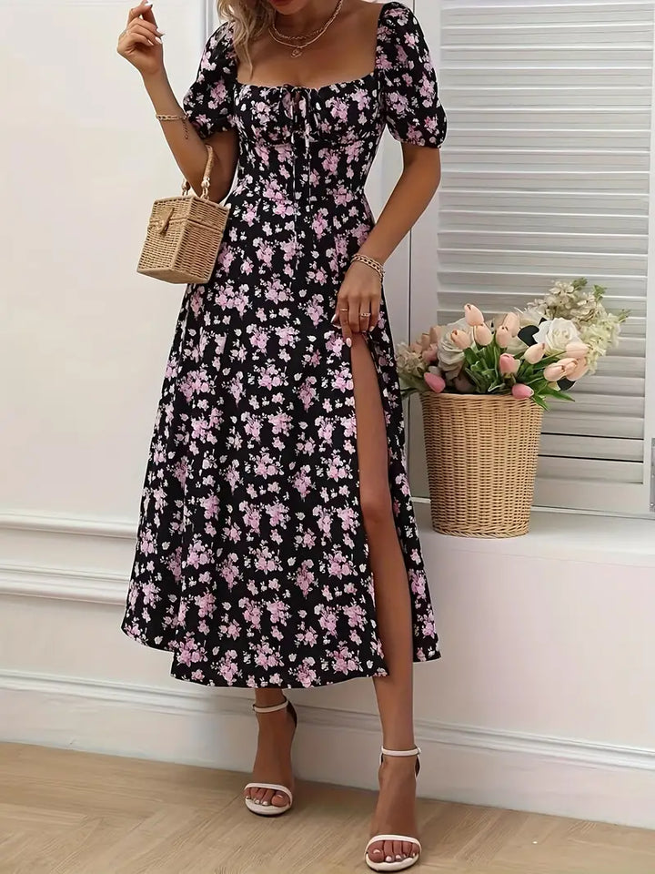 Drune | Schickes Kleid mit Puffärmeln Im A-Linien-Stil mit Blumendruck