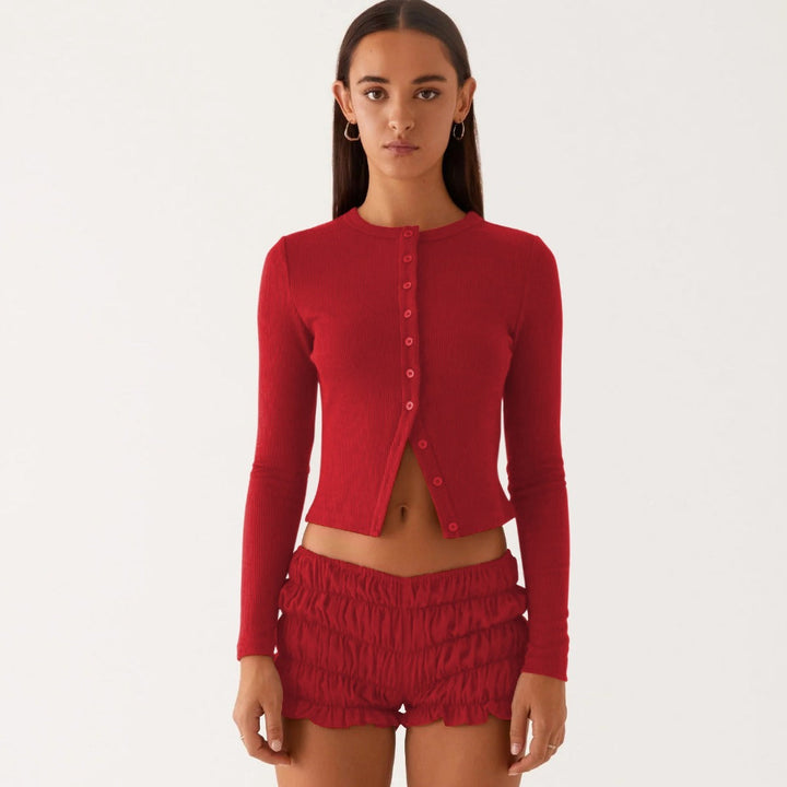 Drune | Einfarbige schmal geschnittene lange Strickjacke
