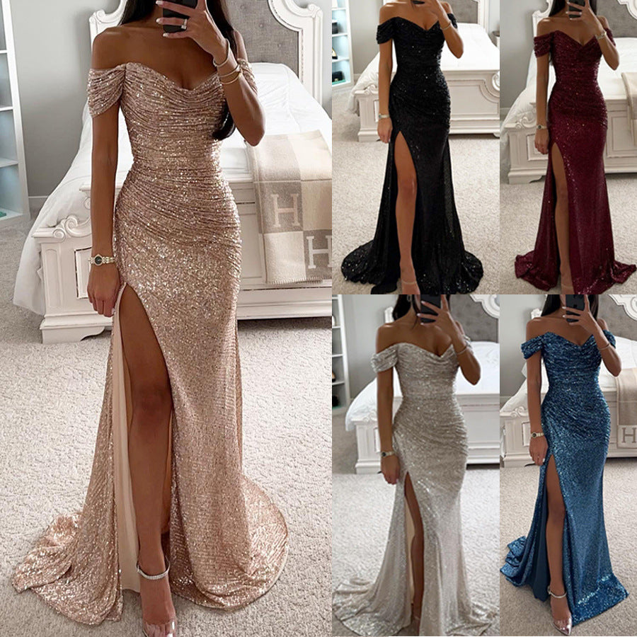 Glitzerndes Damen Abendkleid Schulterfreies Maxikleid mit Schlitz für Hochzeit & Fest | Drune